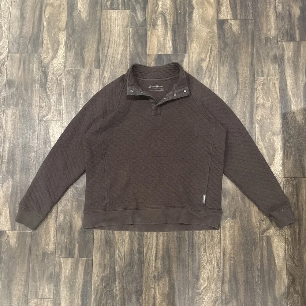 Eddie Bauer 1/4 Snap Button Pullover Sweater Quilted Collared Men's Size L Brown